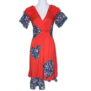 Nic&Dom Orange Floral Patchwork Dress Ruffle Mixed Print Lagenlook Asymmetric S